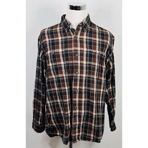 Duluth Trading Co Large Flannel Work Shirt Brown Black Plaid Button Down Cotton - Picture 2 of 5